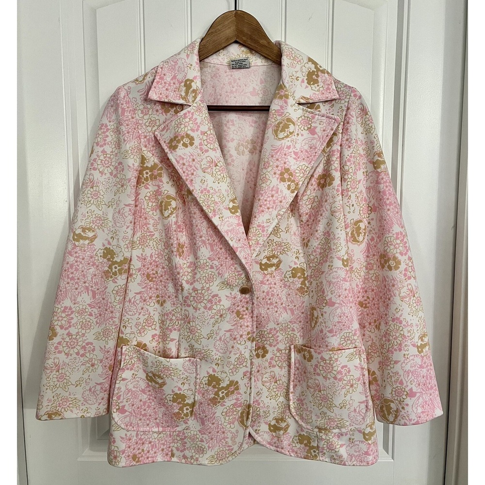 Vintage Women's 60s 70s Jacket Medium Mod Hippy Pink Floral Blazer 352
